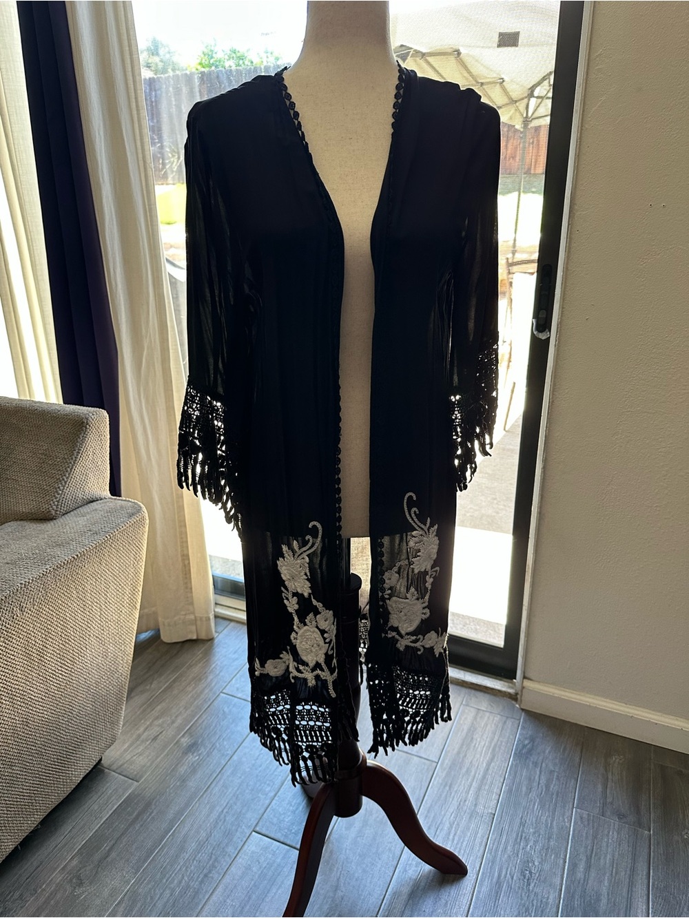 Chico's Black Sheer Kimono with White Floral Embroidery